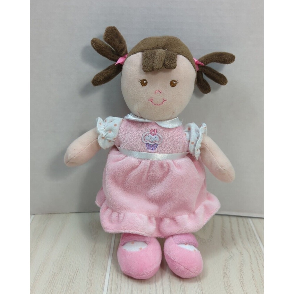 Prestige Bab Small Plush Soft Baby doll brown hair pink dress cupcake dot legs